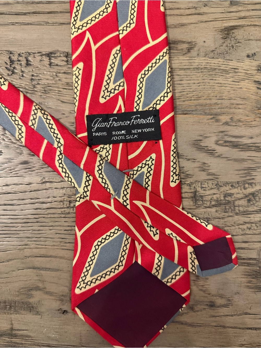 Gianfranco Ferre Red, Gray and Cream Abstract Silk Tie